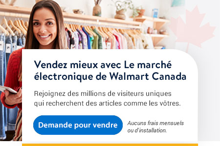 Vendez mieux avec Le marché électronique de Walmart Canada. Rejoignez des millions de visiteurs uniques qui recherchent des articles comme les vôtres. - Faire une demande. Aucuns frais mensuels ou d'installation.