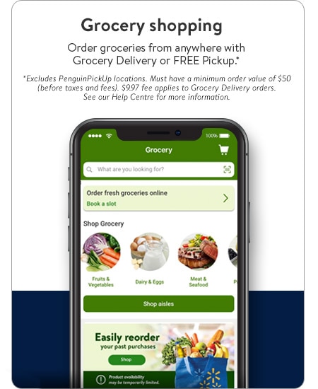 Grocery shopping - Order groceries from anywhere with Grocery Delivery or FREE Pickup*. - *Excludes PenguinPickUp locations. Must have a minimum order value of $50 (before taxes and fees). $9.97 fee applies to Grocery Delivery orders. See our Help Centre for more information. 
